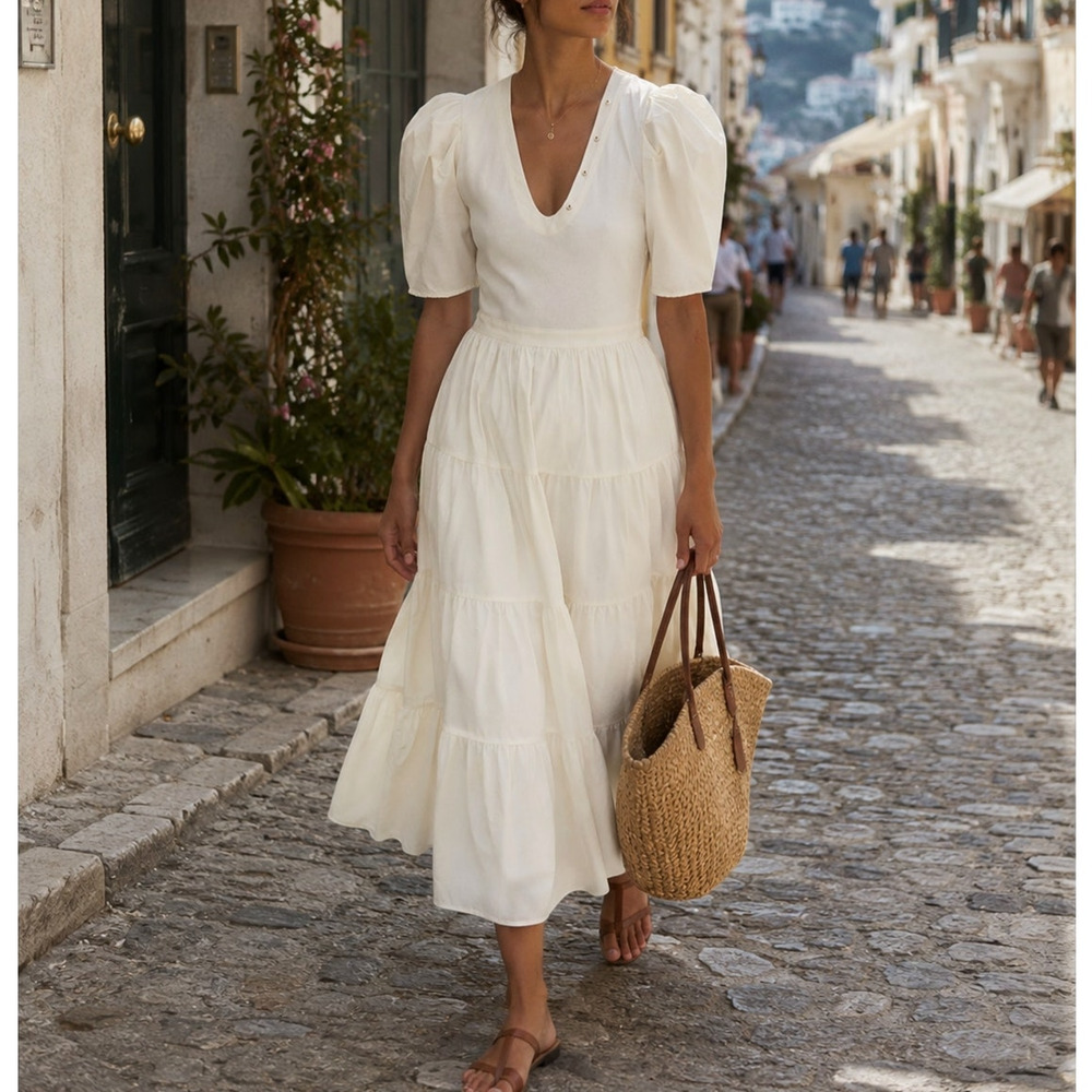 Ulla Johnson S Cotton Poplin Puff Sleeve Rory Dress Tiered Midi Ivory White $425 - Picture 11 of 11